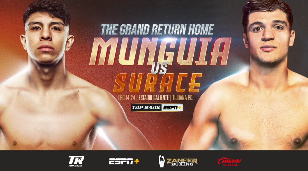 Top Rank Boxing on ESPN: Munguia vs. Surace will be presented live on Saturday, December 14, at 9 p.m. ET/ 6 p.m. PT exclusively on ESPN+ in the U.S. The event will take place at Estadio Caliente in Tijuana, Mexico.  